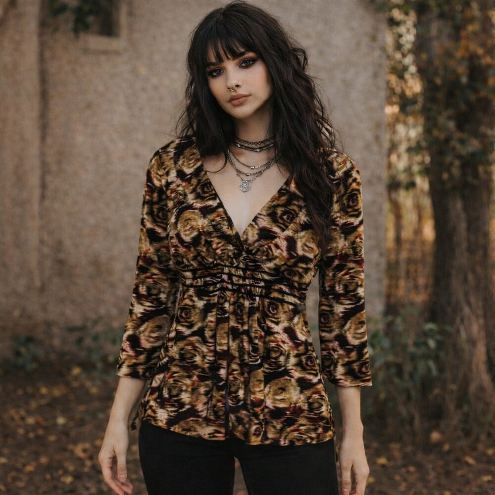 INC Womens Empire Waist Top Size M Brown V Neck Whimsigoth Fairy Grunge Y2K